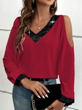 Shein Red Cold-Shoulder V-Neck Top with Sequin Trim